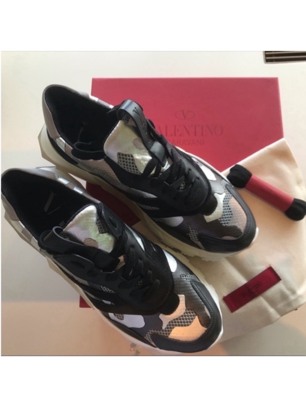 Valentino Garavani Bounce Black Gray White Mesh Camo Leather Sneakers 39 1/2